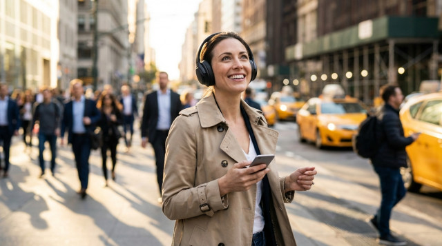Persona sonriendo y caminando por la ciudad mientras escucha letras de canciones motivadoras con auriculares.